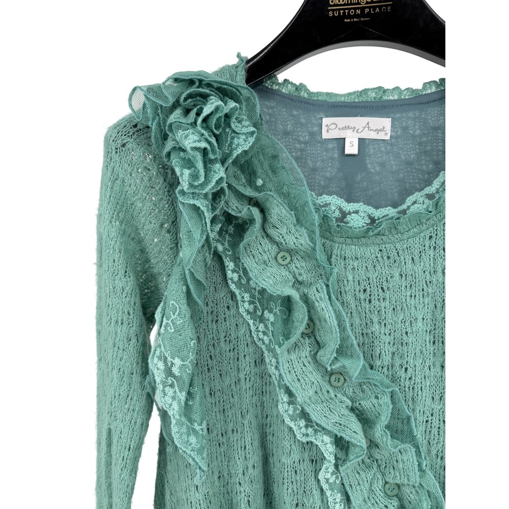 Pretty Angel Sage Green Crochet Ruffle Layered Tunic Dress Cottagecore Small - Picture 4 of 9
